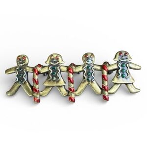 JJ Jonette Jewelry Gingerbread Brooch Men Women Candy Cane Pin Gold Red Green